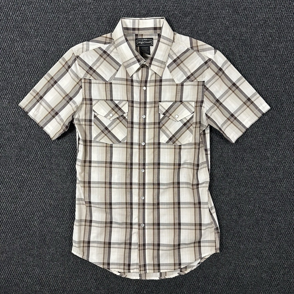 High Noon Men's Western Pearl Snap Shirt Small White Brown Plaid Short Sleeve